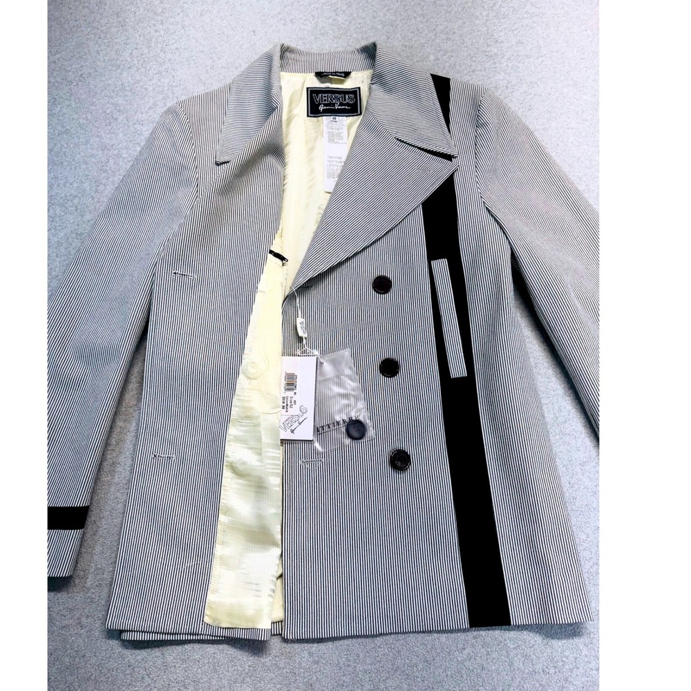 Versus Gianni Versace Caban Jacket Sz 52 Black Pinstripe Double Breasted NWT 90s - Picture 13 of 16